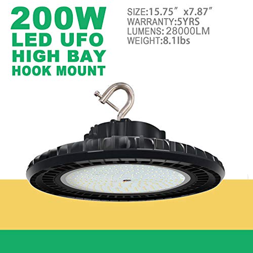 OSTEK 480V 200W LED High Bay Light Fixture, 5000K UFO High Bay Lighting IP65 1-10V Dimmable Barn Workshop Warehouse Gym Airport Lights ETL DLC Listed US Hook 5' Cable (200W (200-480V))