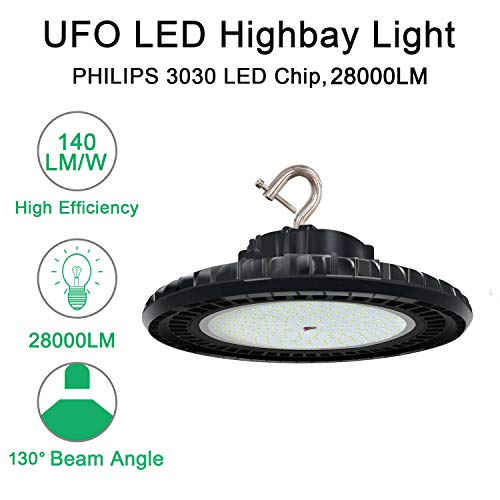 OSTEK 480V 200W LED High Bay Light Fixture, 5000K UFO High Bay Lighting IP65 1-10V Dimmable Barn Workshop Warehouse Gym Airport Lights ETL DLC Listed US Hook 5' Cable (200W (200-480V))