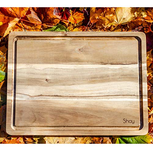 Large Acacia Wood Cutting Board Non Slip with Juicegroove, Wooden Chopping Board for Kitchen Countertop, 16x12 inches, by Shay (With Rubber Feet, 16x12)