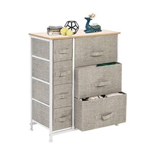dresser with 7 drawers, storage drawers unit for bedroom, hallway, closet, metal frame, wood top, easy pull fabric drawers, linen / natural
