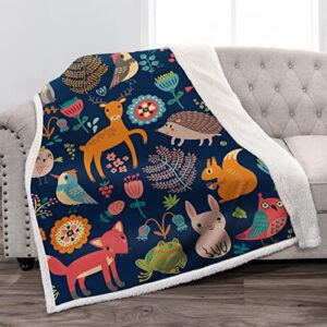 jekeno cartoon forest animals sherpa blanket soft warm deer rabbit owl fox print throw blanket for kids adults gift sofa chair bed office 50"x60"