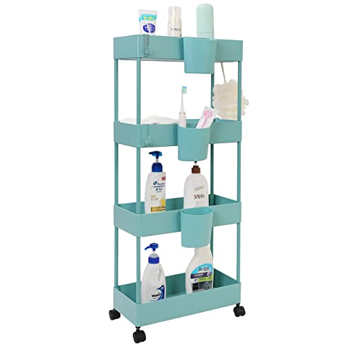 OVAKIA 4-Tier Slim Rolling Utility Cart Storage Shelves Trolley Storage Organizer Shelving Rack with Mesh Baskets/Wheel Casters for Laundry Pantry Bathroom Kitchen Office Narrow Places(Teal)