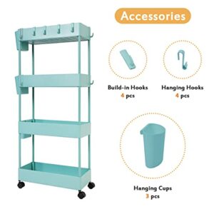 OVAKIA 4-Tier Slim Rolling Utility Cart Storage Shelves Trolley Storage Organizer Shelving Rack with Mesh Baskets/Wheel Casters for Laundry Pantry Bathroom Kitchen Office Narrow Places(Teal)