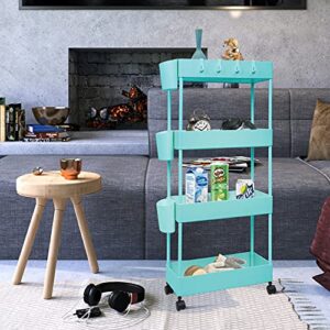 OVAKIA 4-Tier Slim Rolling Utility Cart Storage Shelves Trolley Storage Organizer Shelving Rack with Mesh Baskets/Wheel Casters for Laundry Pantry Bathroom Kitchen Office Narrow Places(Teal)