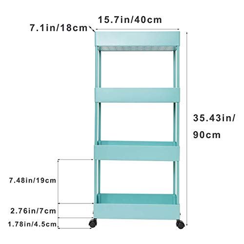 OVAKIA 4-Tier Slim Rolling Utility Cart Storage Shelves Trolley Storage Organizer Shelving Rack with Mesh Baskets/Wheel Casters for Laundry Pantry Bathroom Kitchen Office Narrow Places(Teal)