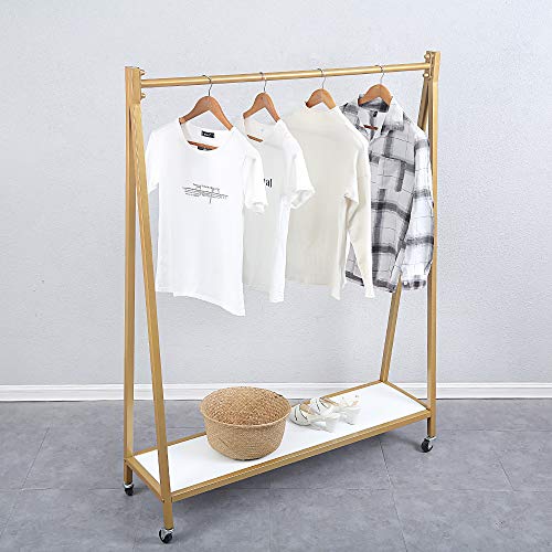 OLDRAINBOW Clothing Racks with Wood Shelves 59in,Retail Rolling Display Rack with Wheels,Commercial Clothes Racks for Hanging Clothes,Metal Garment Rack(Gold)