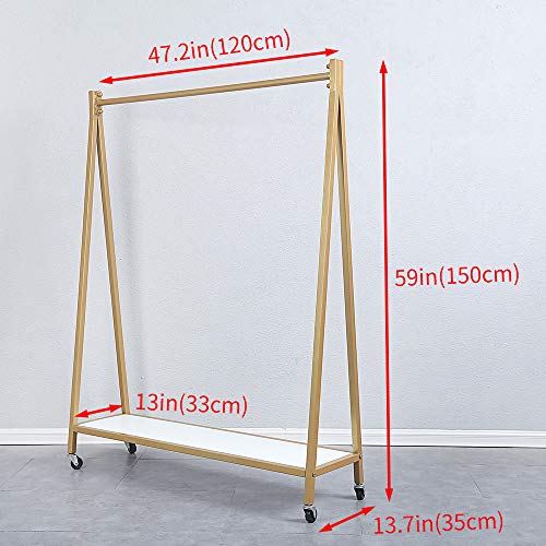 OLDRAINBOW Clothing Racks with Wood Shelves 59in,Retail Rolling Display Rack with Wheels,Commercial Clothes Racks for Hanging Clothes,Metal Garment Rack(Gold)