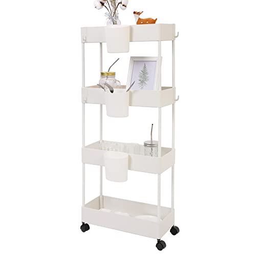 OVAKIA 4-Tier Slim Rolling Utility Cart Storage Shelves Trolley Storage Organizer Shelving Rack with Mesh Baskets/Wheel Casters for Laundry Pantry Bathroom Kitchen Office Narrow Places(White)