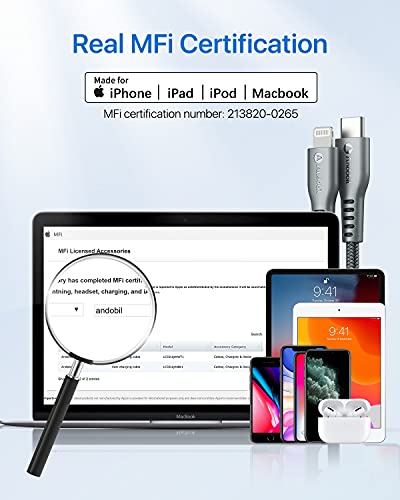 andobil [Military-Grade] Nylon USB C to Lightning Cable 6FT, [20W PD Fast Charging] Apple MFi Certified iPhone Charger Cord Compatible with iPhone 14 13 12 Pro Max iPad AirPods and More