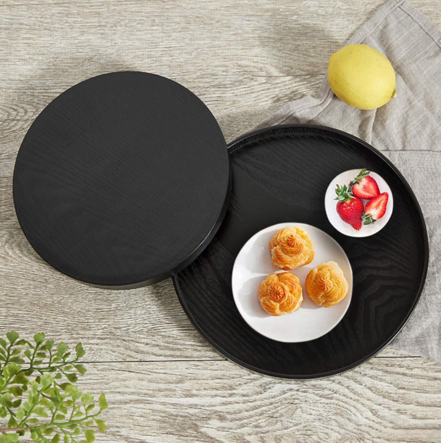 Solid Wood Serving Tray, Round Non-Slip Tea Coffee Snack Plate, Food Meals Serving Tray with Raised Edges, for Home Kitchen Restaurant (9.5inch, Black)