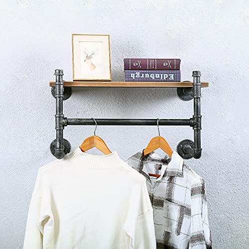 OLDRAINBOW Industrial Pipe Clothing Rack Wall Mounted with Real Wood Shelf,Pipe Shelving Floating Shelves Wall Shelf,24in Retail Clothes Racks Display Rack