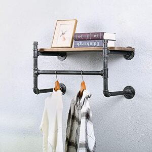 OLDRAINBOW Industrial Pipe Clothing Rack Wall Mounted with Real Wood Shelf,Pipe Shelving Floating Shelves Wall Shelf,24in Retail Clothes Racks Display Rack