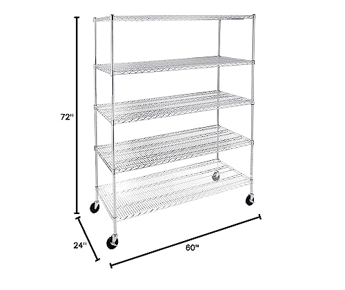 AmazonCommercial Heavy-Duty 5-Tier Steel Wire Shelving with Optional Wheels, NSF Certified, 60" W x 24" D, Chrome