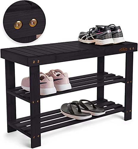 Homemaid Living Bamboo 3 Tier Shoe Rack Bench, Premium Shoe Organizer or Entryway Bench, Perfect for Shoe Cubby, Entry Bench, Bathroom Bench, Entryway Organizer, Hallway or Living Room(Black)