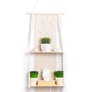 KALTEK Macrame Shelf | Boho Style with Two Tier Wood Shelves | Beautiful Handmade Macrame Shelf for Hanging Plants and Decor | Boho Wall Decor with Macrame Rope and Shelf