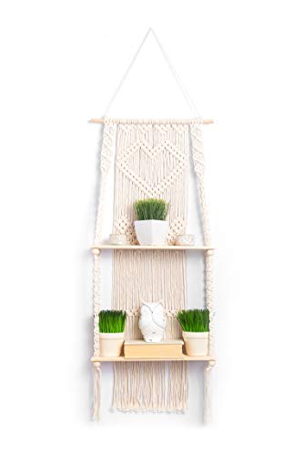 KALTEK Macrame Shelf | Boho Style with Two Tier Wood Shelves | Beautiful Handmade Macrame Shelf for Hanging Plants and Decor | Boho Wall Decor with Macrame Rope and Shelf