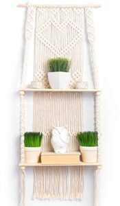 kaltek macrame shelf | boho style with two tier wood shelves | beautiful handmade macrame shelf for hanging plants and decor | boho wall decor with macrame rope and shelf