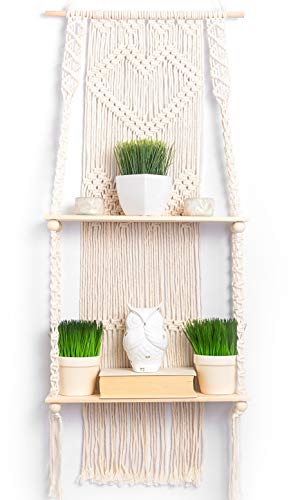 KALTEK Macrame Shelf | Boho Style with Two Tier Wood Shelves | Beautiful Handmade Macrame Shelf for Hanging Plants and Decor | Boho Wall Decor with Macrame Rope and Shelf