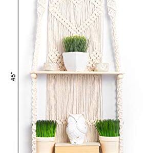 KALTEK Macrame Shelf | Boho Style with Two Tier Wood Shelves | Beautiful Handmade Macrame Shelf for Hanging Plants and Decor | Boho Wall Decor with Macrame Rope and Shelf