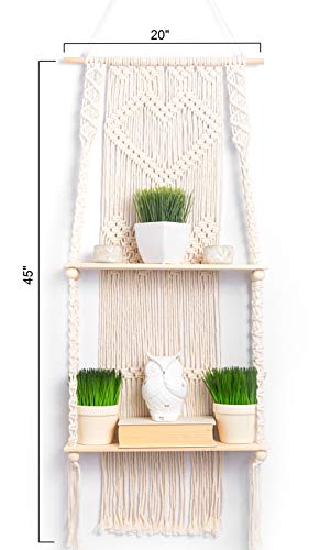 KALTEK Macrame Shelf | Boho Style with Two Tier Wood Shelves | Beautiful Handmade Macrame Shelf for Hanging Plants and Decor | Boho Wall Decor with Macrame Rope and Shelf