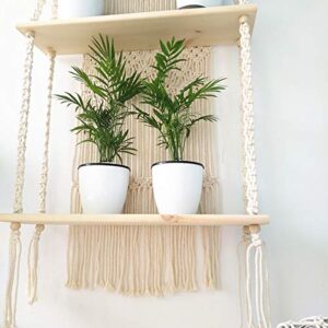 KALTEK Macrame Shelf | Boho Style with Two Tier Wood Shelves | Beautiful Handmade Macrame Shelf for Hanging Plants and Decor | Boho Wall Decor with Macrame Rope and Shelf