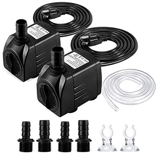 CWKJ Fountain Pump, 2 Packs 400GPH(25W 1500L/H) Submersible Water Pump, Durable Outdoor Fountain Water Pump with 6.5ft Tubing (ID x 1/2-Inch), 3 Nozzles for Aquarium, Pond, Fish Tank, Water Pump