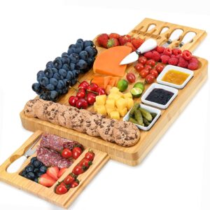 cheese board and knife set, bamboo charcuterie boards large extra meat charcuttery platter serving tray for housewarming thanksgiving personalized holiday christmas birthday wedding party gifts ideas
