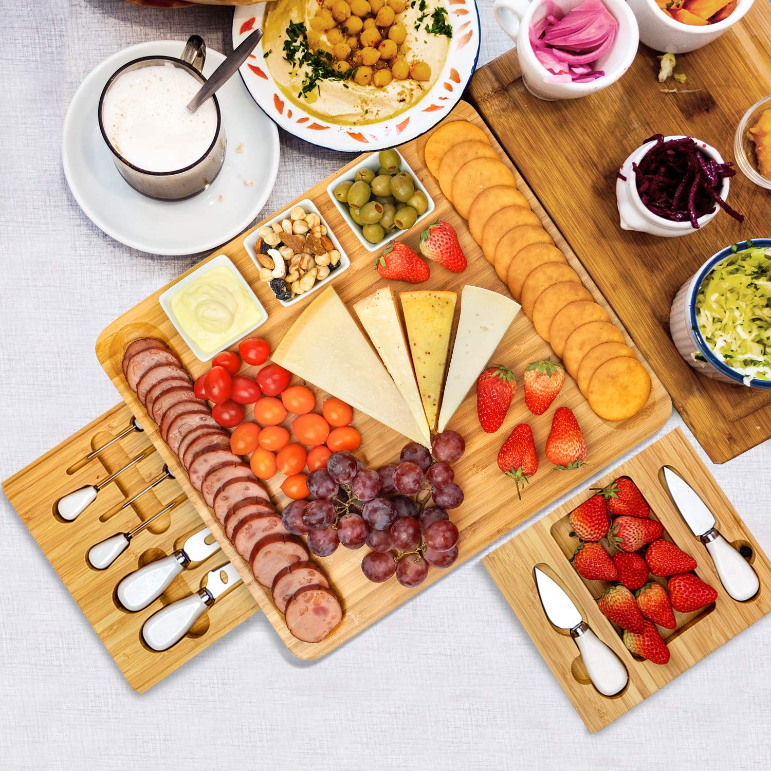 Cheese Board and Knife Set, Bamboo Charcuterie Boards Large Extra Meat Charcuttery Platter Serving Tray for Housewarming Thanksgiving Personalized Holiday Christmas Birthday Wedding Party Gifts Ideas