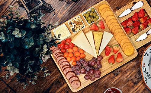 Cheese Board and Knife Set, Bamboo Charcuterie Boards Large Extra Meat Charcuttery Platter Serving Tray for Housewarming Thanksgiving Personalized Holiday Christmas Birthday Wedding Party Gifts Ideas