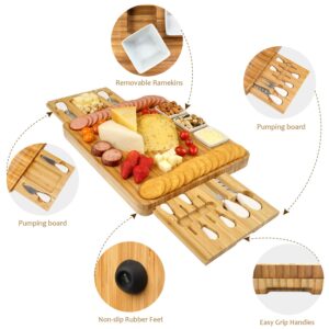 Cheese Board and Knife Set, Bamboo Charcuterie Boards Large Extra Meat Charcuttery Platter Serving Tray for Housewarming Thanksgiving Personalized Holiday Christmas Birthday Wedding Party Gifts Ideas