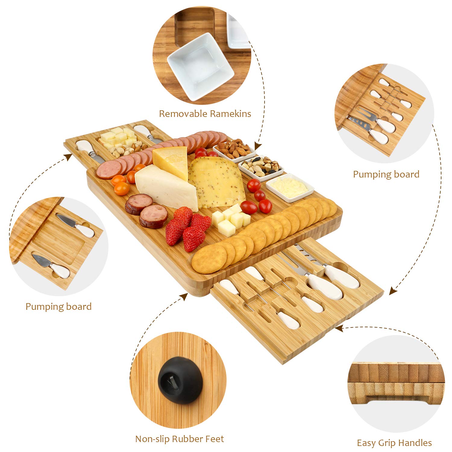 Cheese Board and Knife Set, Bamboo Charcuterie Boards Large Extra Meat Charcuttery Platter Serving Tray for Housewarming Thanksgiving Personalized Holiday Christmas Birthday Wedding Party Gifts Ideas