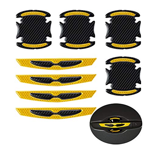 Aiydachy 8pcs Universal 3D Carbon Fiber Car Door Handle Paint Scratch Protector Sticker Auto Door Handle Scratch Cover Guard Protective Film Car Outdoor Safety Reflective Strips (Yellow)