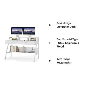 Tribesigns Computer Desk with Storage Shelf & Drawers, Modern 47 inch Office Writing Desk Study Table with Monitor Stand Riser for Home Office Use (White)