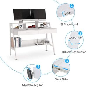 Tribesigns Computer Desk with Storage Shelf & Drawers, Modern 47 inch Office Writing Desk Study Table with Monitor Stand Riser for Home Office Use (White)