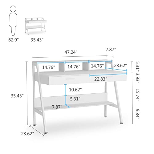 Tribesigns Computer Desk with Storage Shelf & Drawers, Modern 47 inch Office Writing Desk Study Table with Monitor Stand Riser for Home Office Use (White)