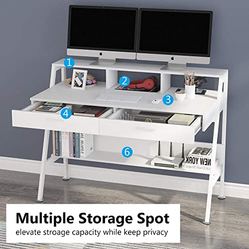 Tribesigns Computer Desk with Storage Shelf & Drawers, Modern 47 inch Office Writing Desk Study Table with Monitor Stand Riser for Home Office Use (White)