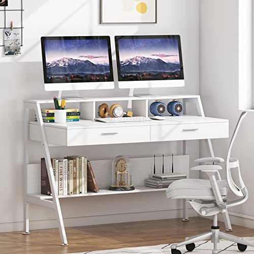 Tribesigns Computer Desk with Storage Shelf & Drawers, Modern 47 inch Office Writing Desk Study Table with Monitor Stand Riser for Home Office Use (White)