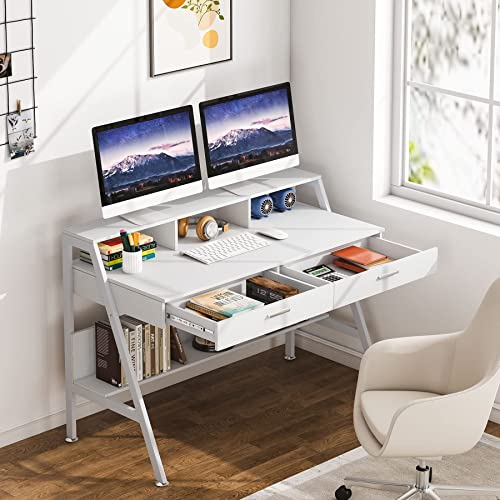 Tribesigns Computer Desk with Storage Shelf & Drawers, Modern 47 inch Office Writing Desk Study Table with Monitor Stand Riser for Home Office Use (White)