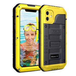 mitywah waterproof compatible with iphone 11 heavy duty military grade shockproof cover built-in screen protection, metal case full body dustproof strong rugged thick for iphone 11, yellow