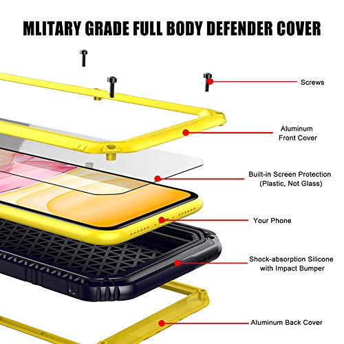 Mitywah Waterproof Compatible with iPhone 11 Heavy Duty Military Grade Shockproof Cover Built-in Screen Protection, Metal Case Full Body Dustproof Strong Rugged Thick for iPhone 11, Yellow