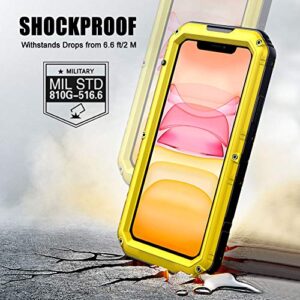 Mitywah Waterproof Compatible with iPhone 11 Heavy Duty Military Grade Shockproof Cover Built-in Screen Protection, Metal Case Full Body Dustproof Strong Rugged Thick for iPhone 11, Yellow