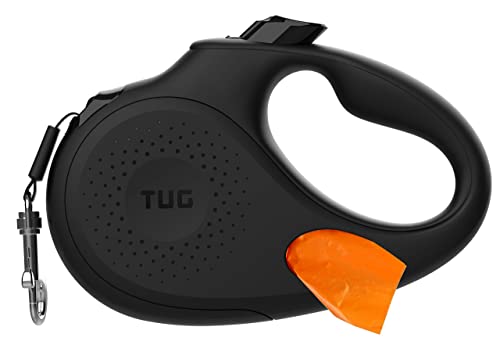 TUG Oval 360° Tangle-Free Retractable Dog Leash with Integrated Waste Bag Dispenser (Medium, Black)