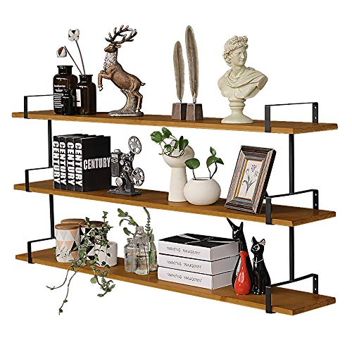 3 Tier Industrial Wall Shelf, Rustic Pipe Shelving Unit, Vintage Decorative Accent for Bedroom Living Room Bathroom Kitchen Office (Brown)