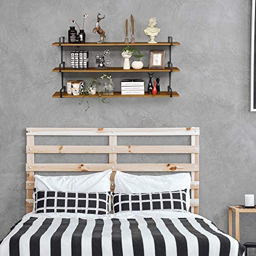 3 Tier Industrial Wall Shelf, Rustic Pipe Shelving Unit, Vintage Decorative Accent for Bedroom Living Room Bathroom Kitchen Office (Brown)