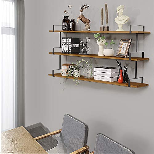 3 Tier Industrial Wall Shelf, Rustic Pipe Shelving Unit, Vintage Decorative Accent for Bedroom Living Room Bathroom Kitchen Office (Brown)