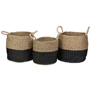 set of 3 beige and black round wicker table and floor baskets