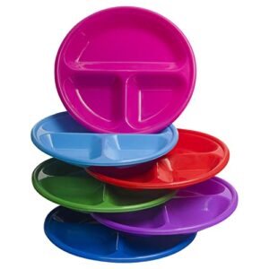 klickpick home - set of 12 with 3 compartment divided plates for kids plastic children trays for eating with 6 bright colors - 2 of each color dishwasher microwave safe bpa free for toddlers