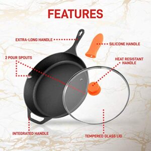 NutriChef - NCCI10 NutriChef Pre-Seasoned Cast Iron Fry Pan with Glass Lid & Silicone Handle, 10 inch, Black