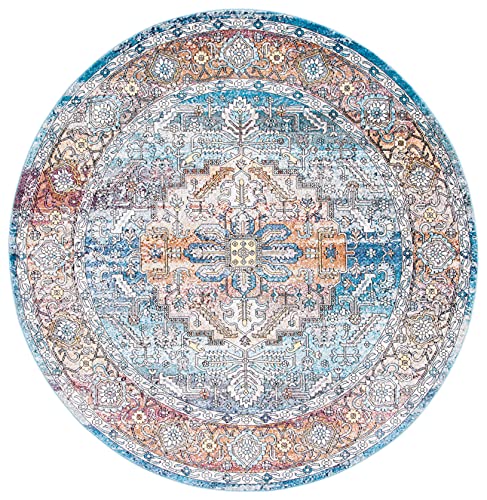 SAFAVIEH Aria Collection 6'5" Round Turquoise / Light Orange ARA191K Boho Chic Medallion Distressed Non-Shedding Dining Room Entryway Foyer Living Room Bedroom Area Rug