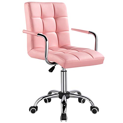 Yaheetech Desk Chairs with Wheels/Armrests Modern PU Leather Office Chair Height Adjustable Home Computer Executive Chair on Wheels 360° Swivel - Pink